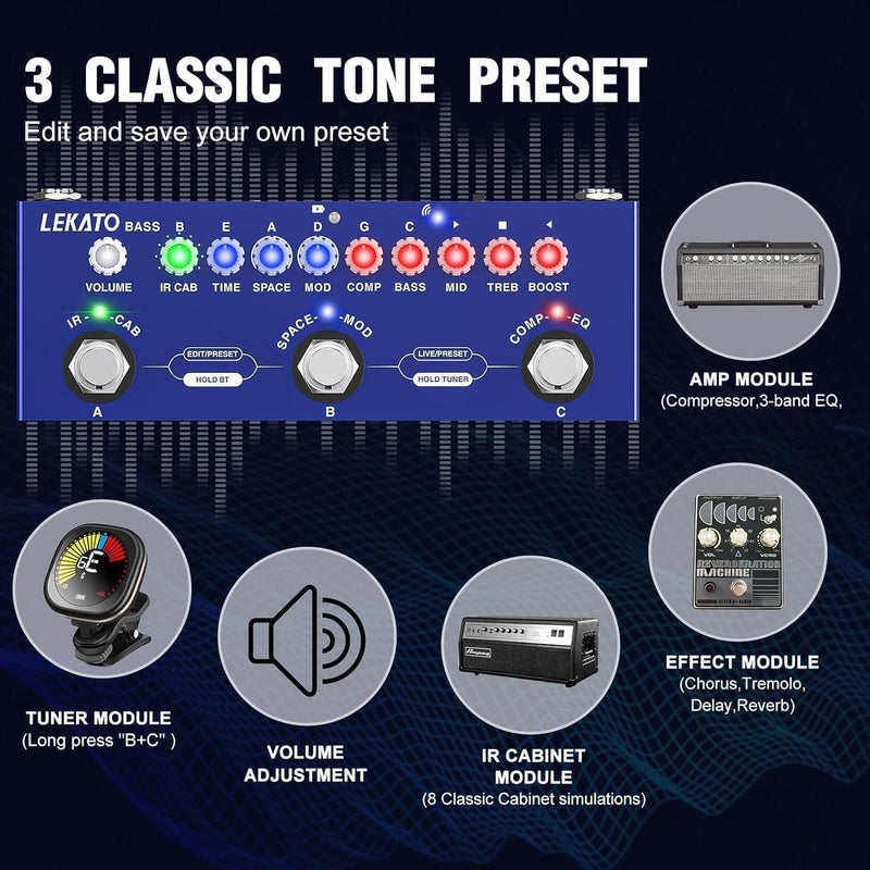 LEKATO Bass Multi Effects Pedal, Guiter Peda with IR Loading 9 AMP Models, Delay Reverb Chorus, Multi Effects Processor for Bass, Bluetooth 5.0,Recording, Built-in Battery - Image 2